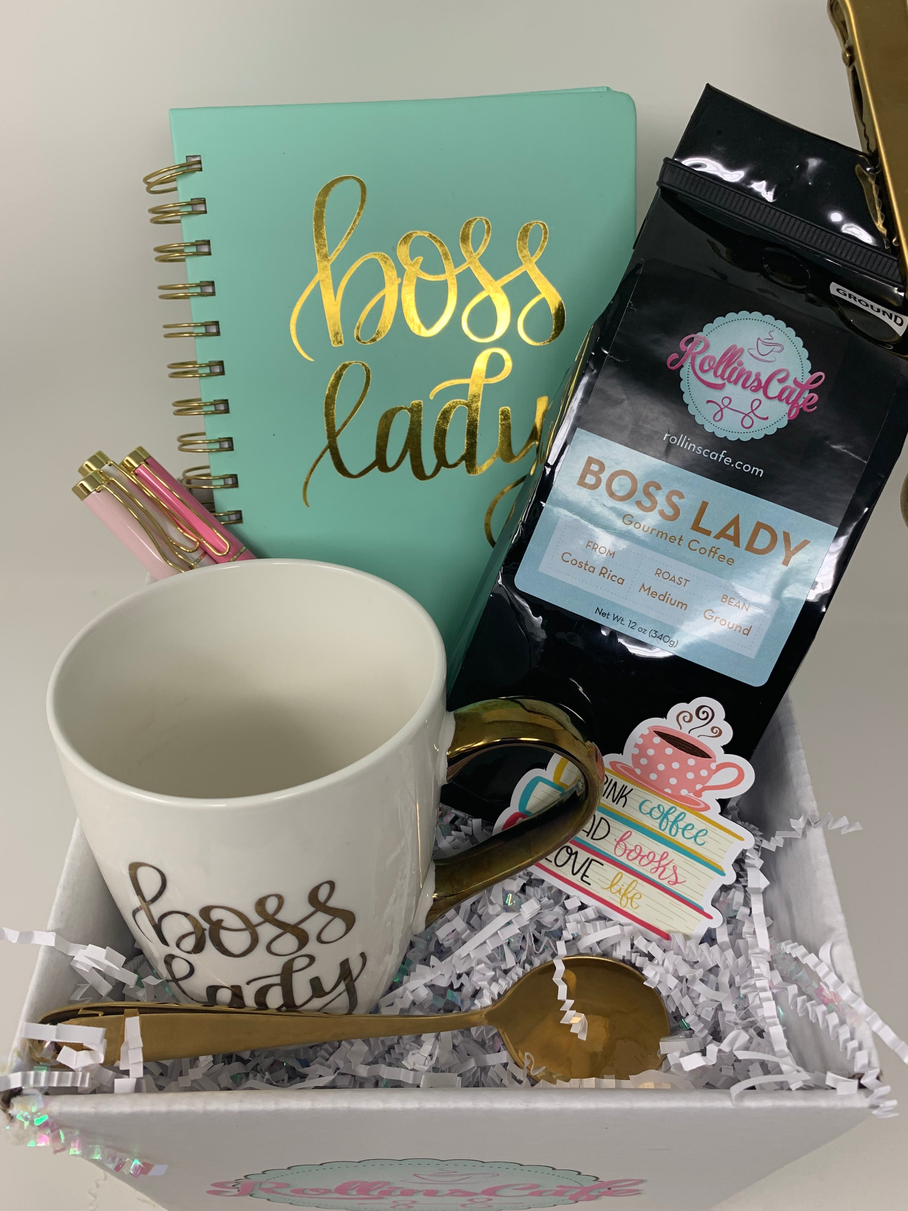 Boss Lady Coffee Lovers Gift Set with Costa Rican Ground Coffee Mug Journal Pens and Scoop Clip - RollinsCafe